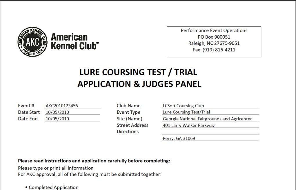 AKC Lure Coursing Test/Trial Application